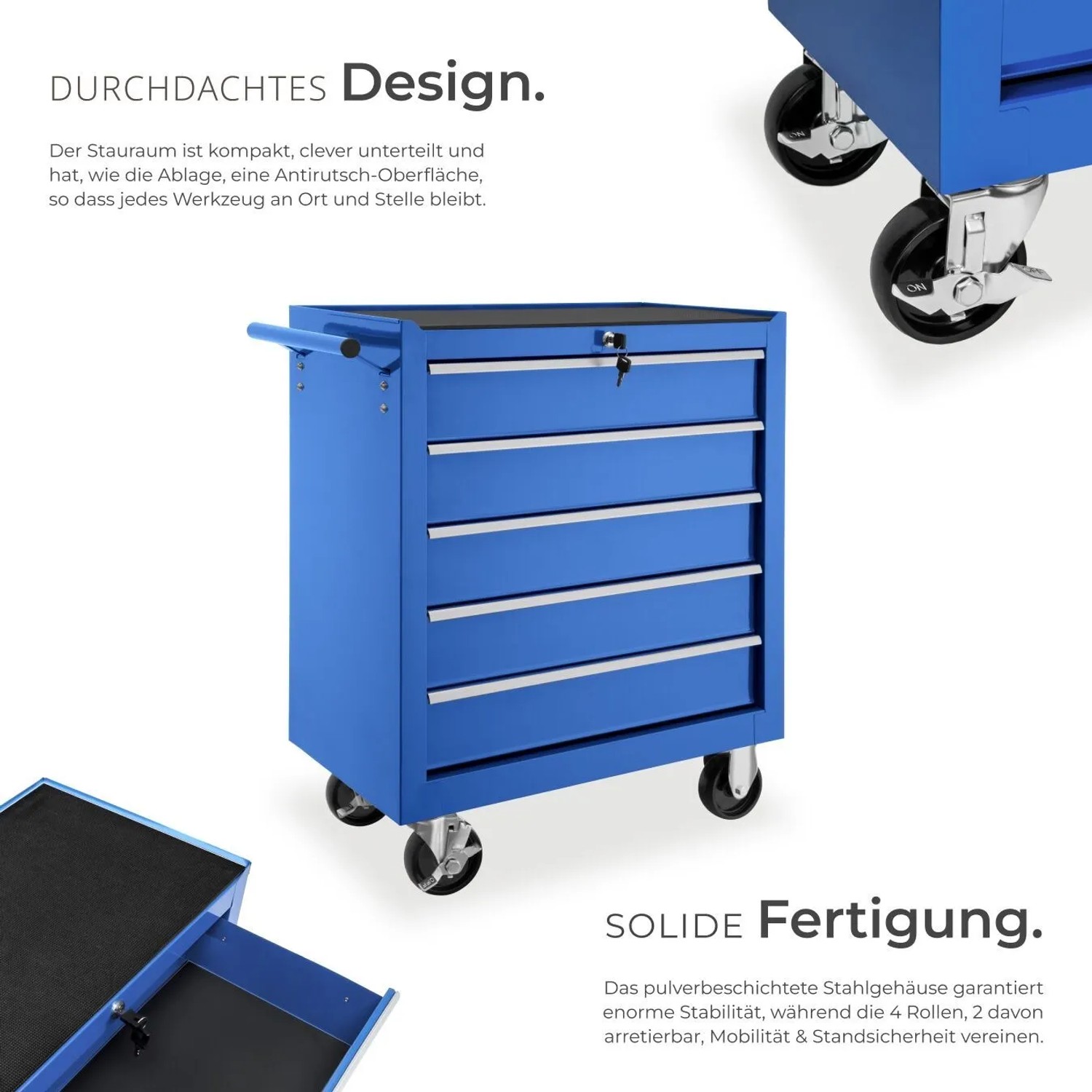 Tectake Werkzeugwagen  5 Kugelgelagerte Schubladen Mit Antirutschmatten Belastbarkeit 150 kg  69 x 33 x 79 cm Blau_3