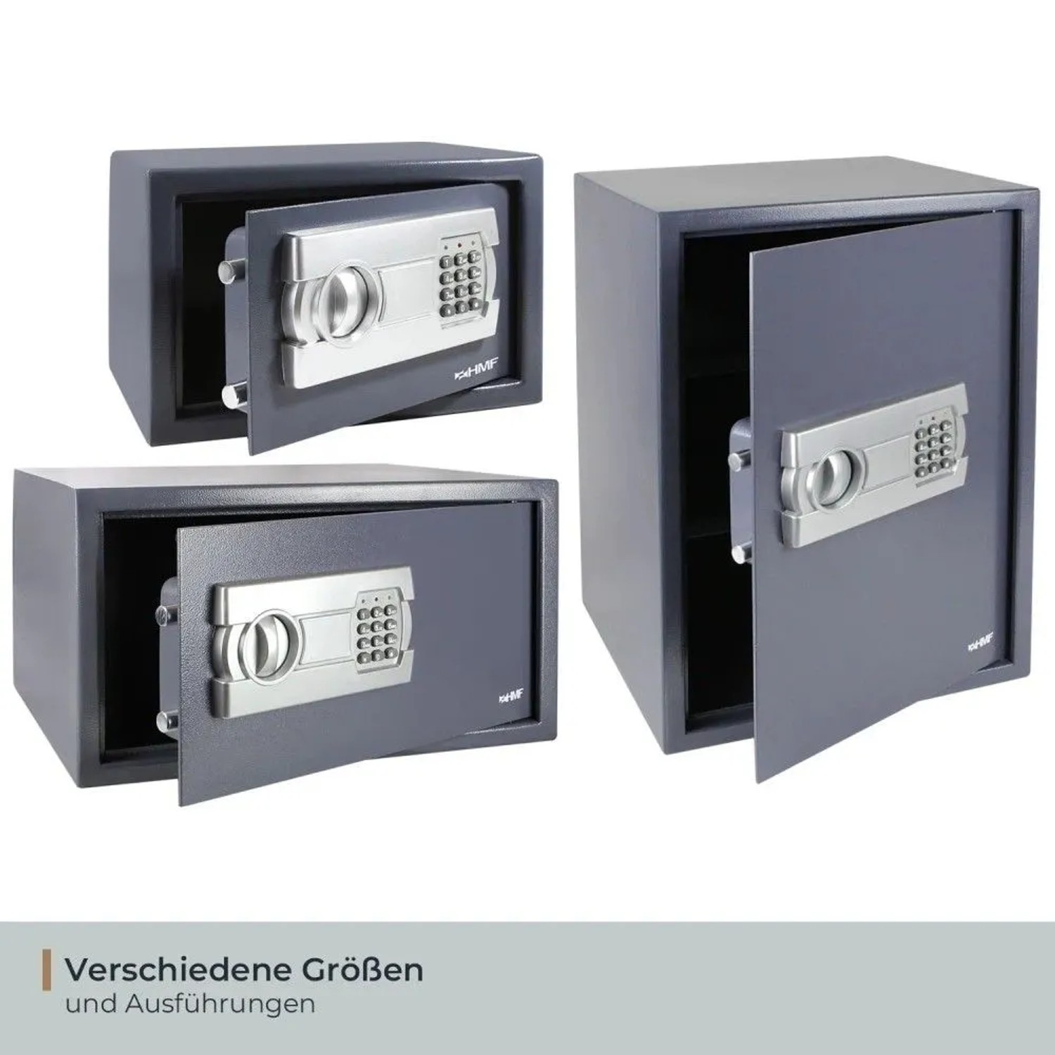 Drei HMF Möbeltresore in Anthrazit mit geöffneten Türen und elektronischem Zahlenschloss, verschiedene Größen.