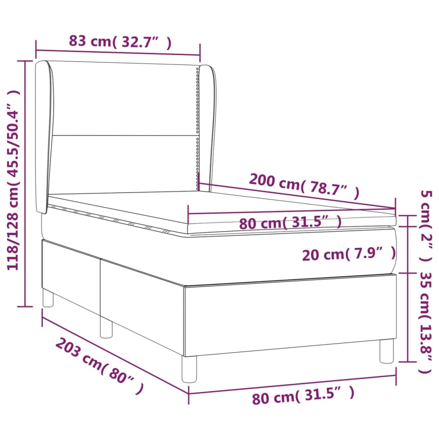 Skizze Boxspringbett vidaXL dunkelgrau, 80x200 cm, mit Maßen. Ideal für kleine Schlafzimmer.