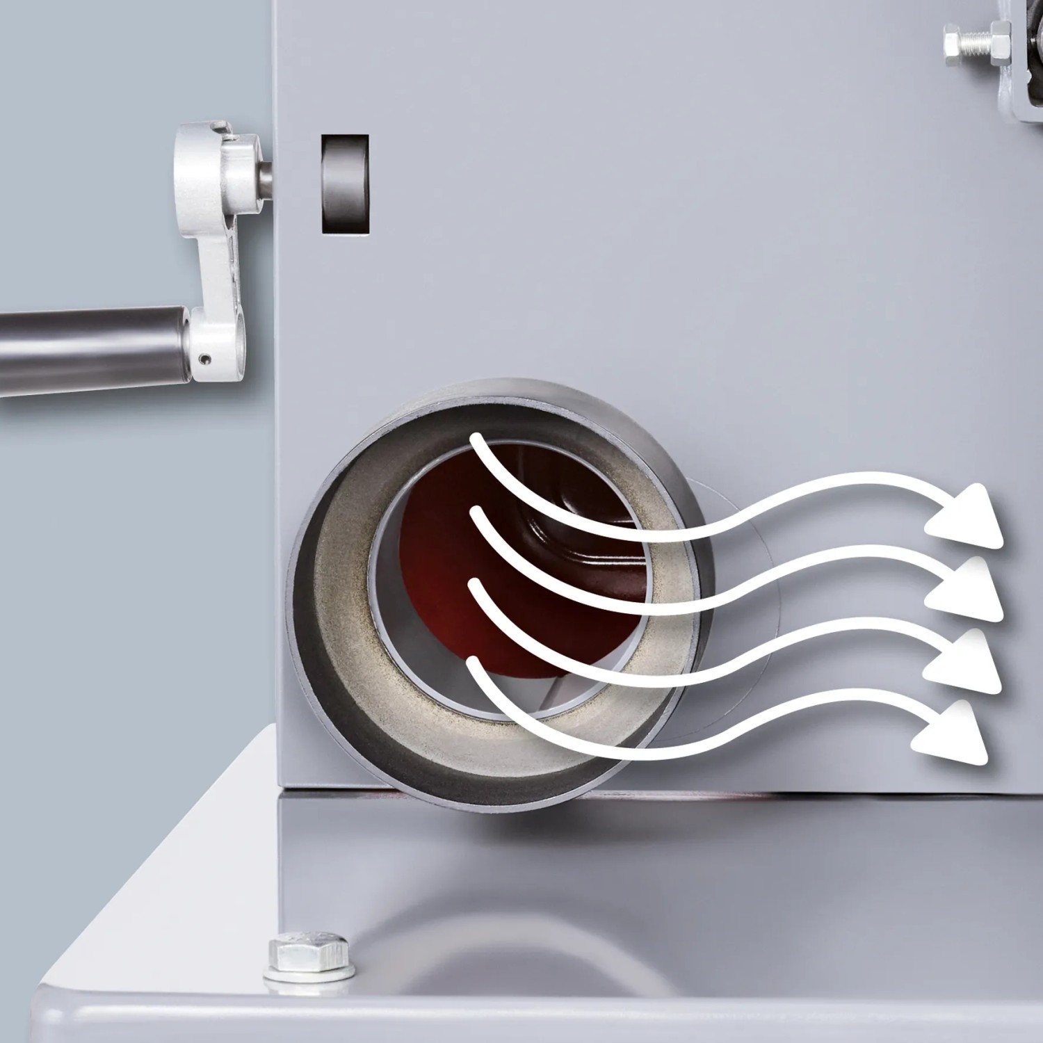Detailaufnahme des Staubsaugeranschlusses der Einhell TC-SB 305 U Bandsäge.