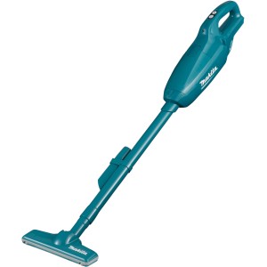 Türkisblauer Makita Akku-Staubsauger CL107FDZ mit Verlängerungsrohr und Bodendüse.