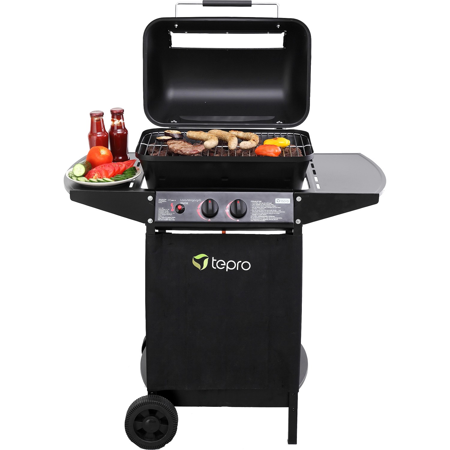 Schwarzer tepro Lavasteingasgrill Irvine mit offenem Deckel, Grillgut und Beilagen.