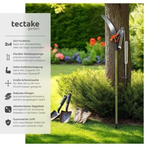 Tectake Teleskop Astschere mit Seilzug und Sägeblatt (35cm) vor Baum. Gartenhandgerät für Baumschnitt.