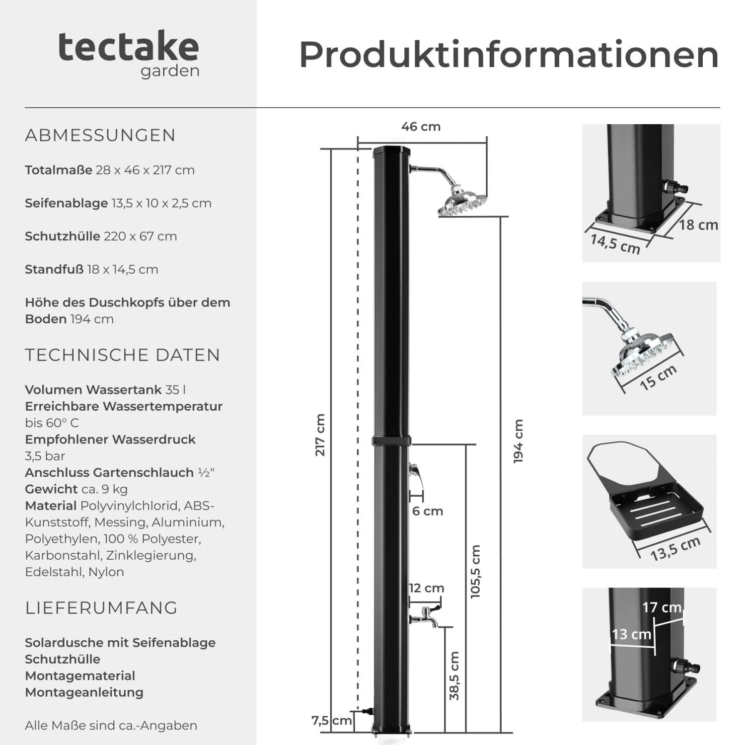 Tectake Solardusche Ofanto, 35L, mit Seifenablage, schwarz. Erwärmt Wasser bis 60°C ohne Strom.