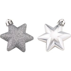 Baumschmuck-Set: 12 silberne Sterne, glänzend und glitzernd, aus Kunststoff.
