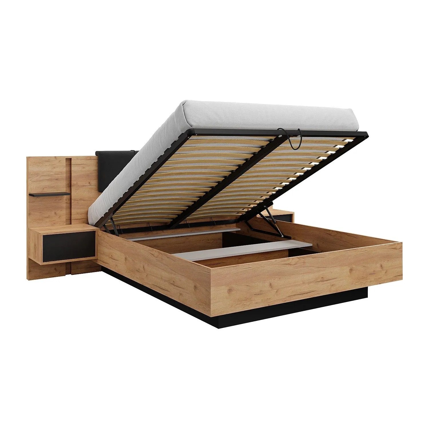 Vente-unique Bett Mit Bettkasten Elynia Anthrazitgrau  Naturfarben Hell 256.4 cm
