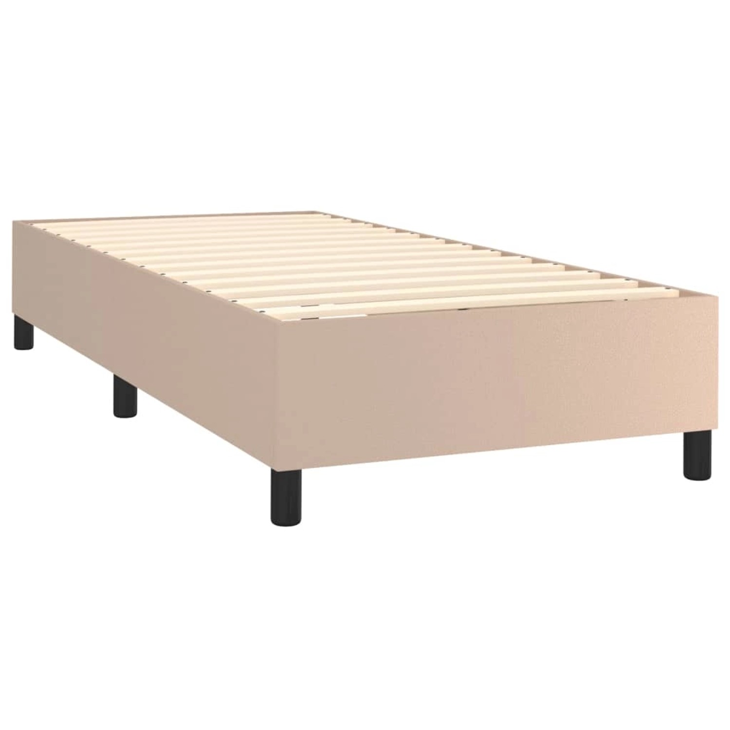 Boxspringbett in Cappuccino-Braun, 90x200 cm, mit Lattenrost und schwarzen Füßen.