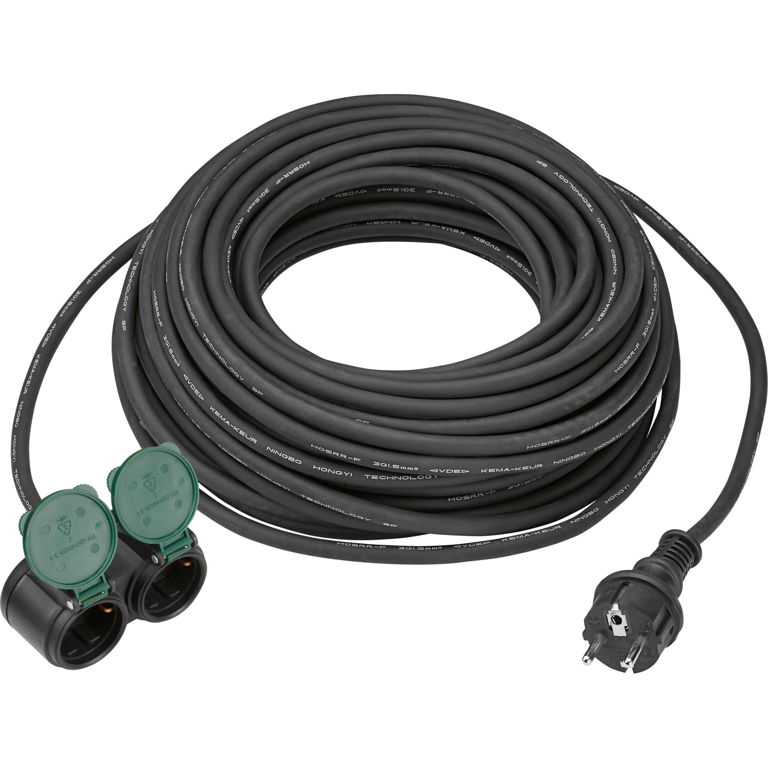 Schwarze Gummiverlängerung mit Stecker, 20 m, H07RN-F3G, für den Außenbereich.