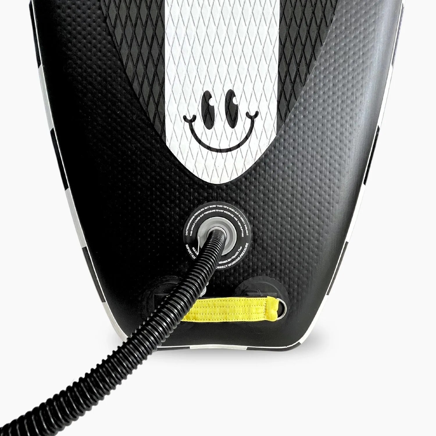 Suprfit SUP Board Stickers Black: Aufblasbares Paddling Board mit Ventil, angeschlossenem Pumpenschlauch und Smiley-Design. Wassersport.