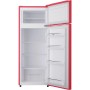 Offene rote PKM Kühl-Gefrierkombination GK210-2 FR mit Innenraum und Fächern.