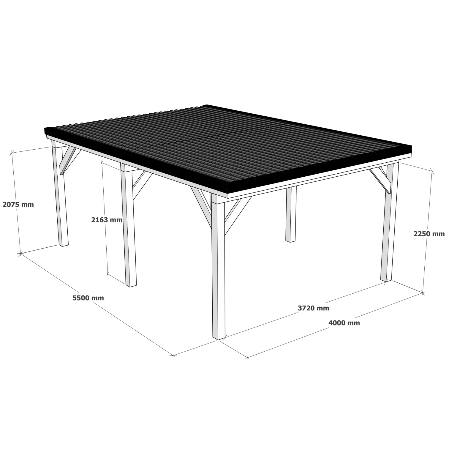 Holzbrüder Einzelcarport Ralf, naturbelassen mit dunkelgrauem Blechdach, Maße: 400x600 cm.