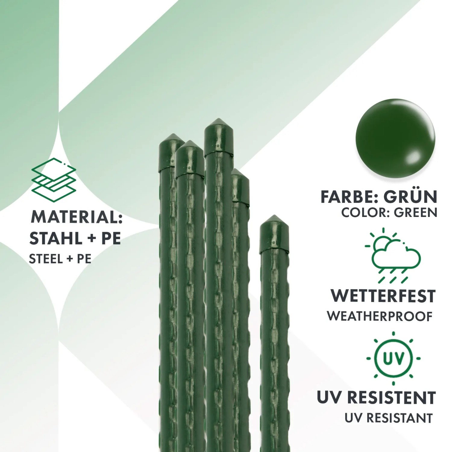 10er-Set grüne KARAT Pflanzenstäbe (60cm) als Rankhilfe für Blumen und Gemüse.