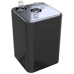 Schwarze 6V Blockbatterie (4R25) für Baugeräte, Detailansicht.