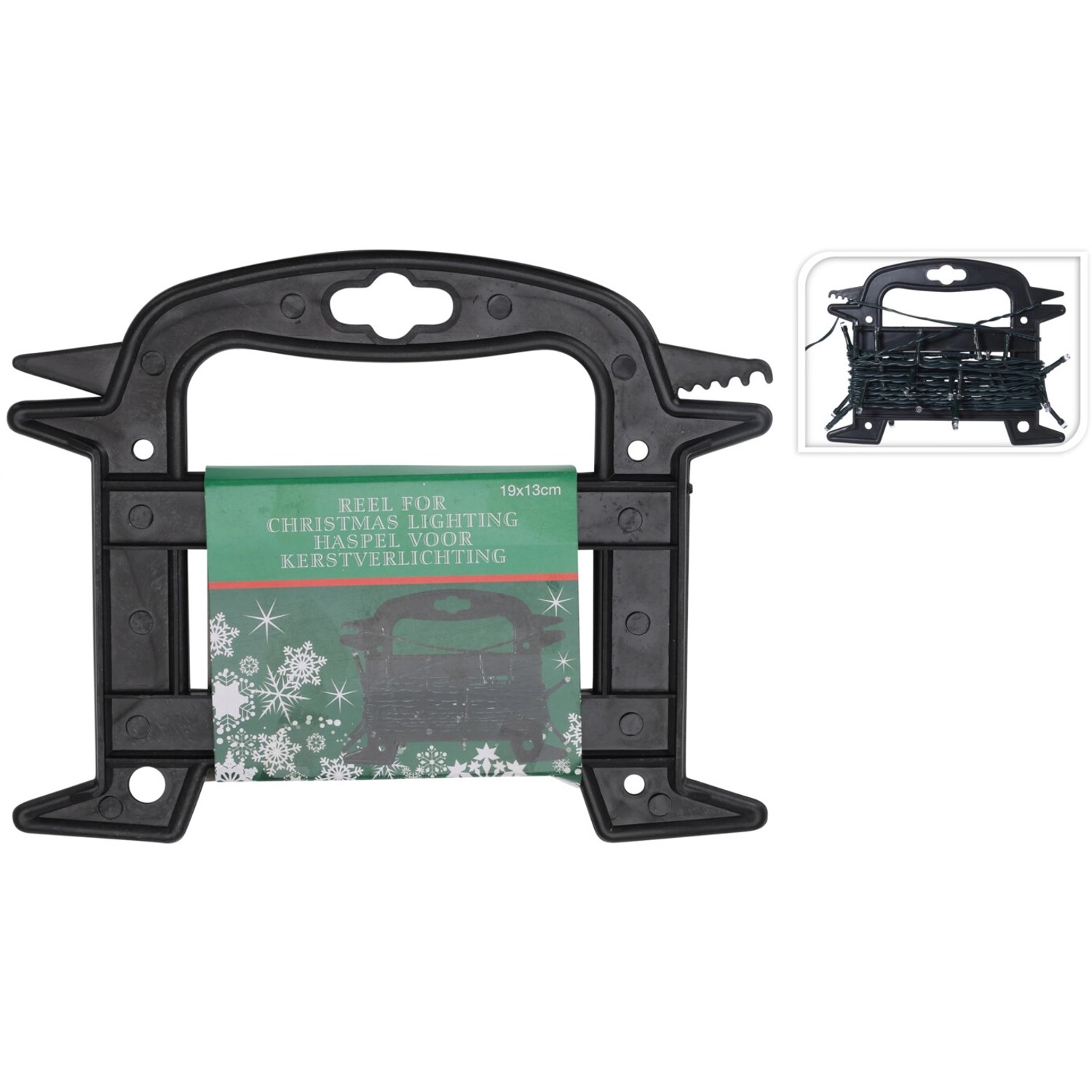 Schwarze Kabelwinde (19x13cm) für Lichterketten zur ordentlichen Aufbewahrung.