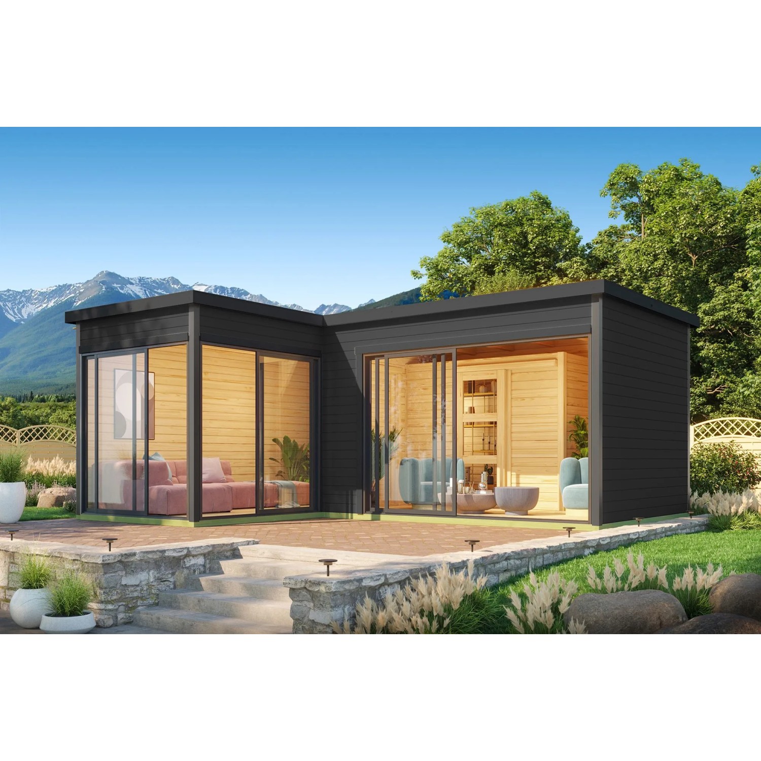 Lasita Holz-Gartenhaus Domeo 11 Flachdach Carbongrau Lasiert 600 cm x 500 cm