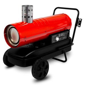 EBERTH indirekte Diesel Heizkanone 20kW mit Abgasrohr, rot/schwarz, auf Rädern.