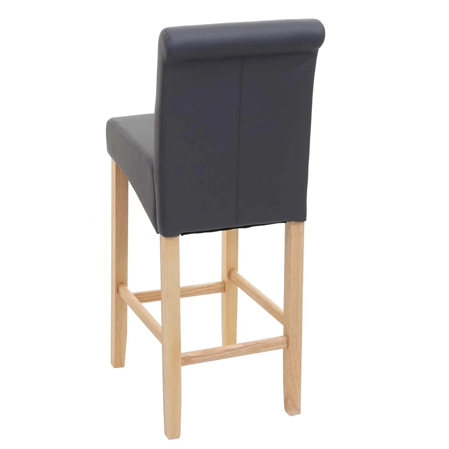 PROREGAL Barhocker, grau matt gepolstert, mit Rückenlehne und hellen Holzbeinen. Sitzhöhe 75cm, Kunstleder. Rückansicht.