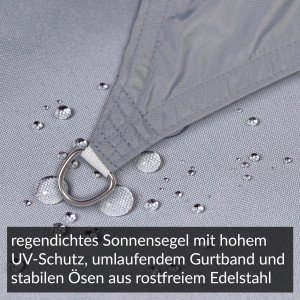 Detailaufnahme: Hellgraues, regendichtes Toldoro Sonnensegel mit Edelstahl-Öse und Wassertropfen.