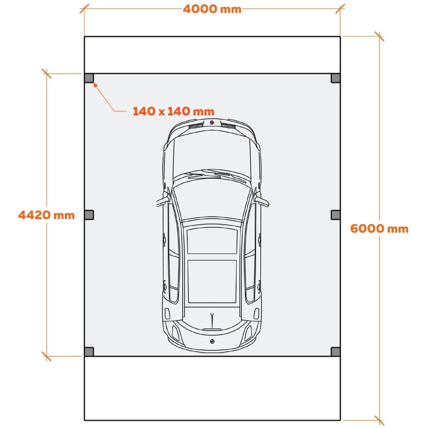 Draufsicht Camping-Carport Ralf 400x600cm mit Wohnmobil, Maße: 4000x6000mm, Pfosten 140x140mm.