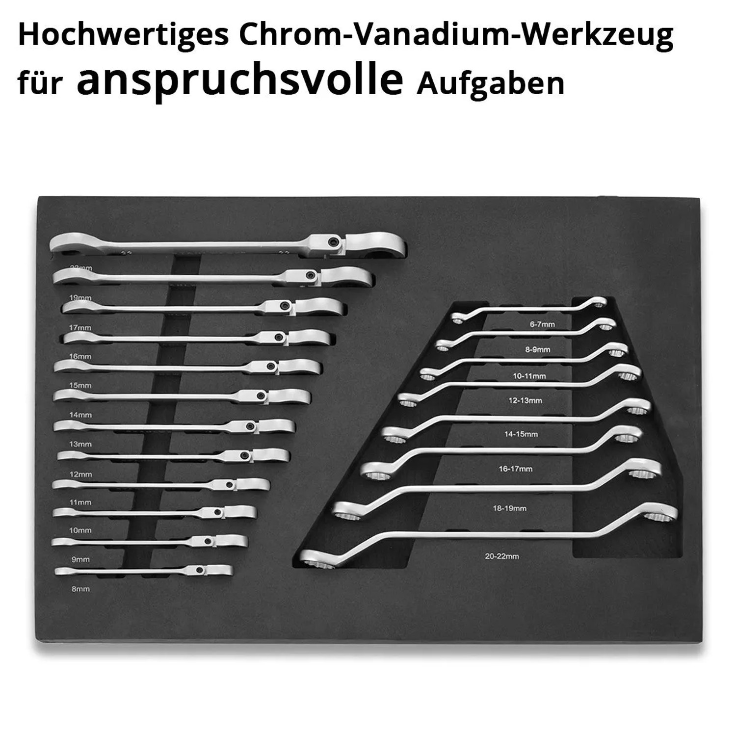STAHLWERK Werkzeugeinlage mit 20 Schraubenschlüsseln in Weichschaum für Werkstattwagen.