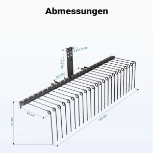 Wiltec Vertikutierer für Aufsitzmäher, 183 cm Arbeitsbreite. Schwarzes Metallgestell mit Federzinken und Maßen für Rasenpflege.