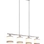 Moderne 4-flammige Pendelleuchte Davos in Chrom mit weiß-grauen Stoffschirmen, 75 cm breit.