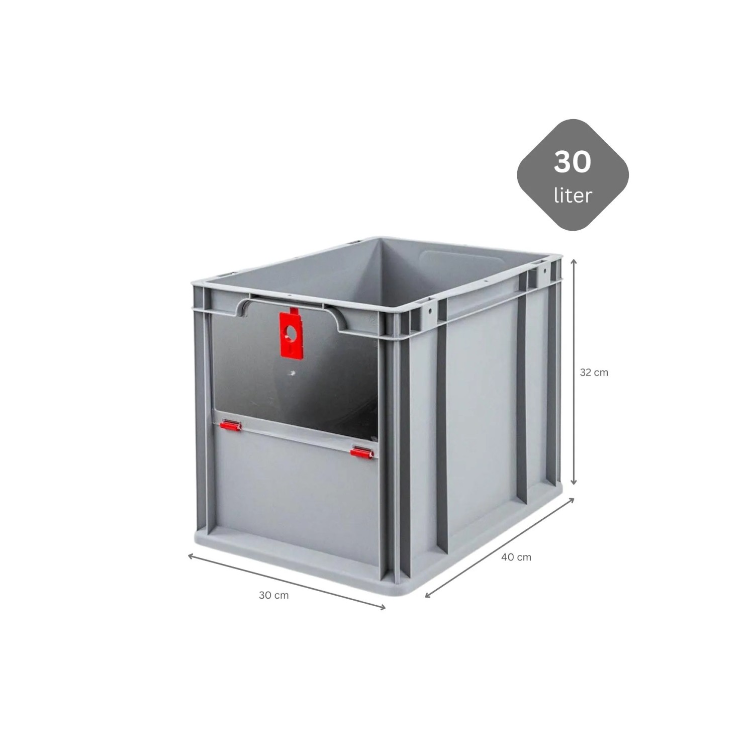 Graue PROREGAL Eurobox NextGen mit rotem Cover, 30 Liter, für Lagerung und Transport.
