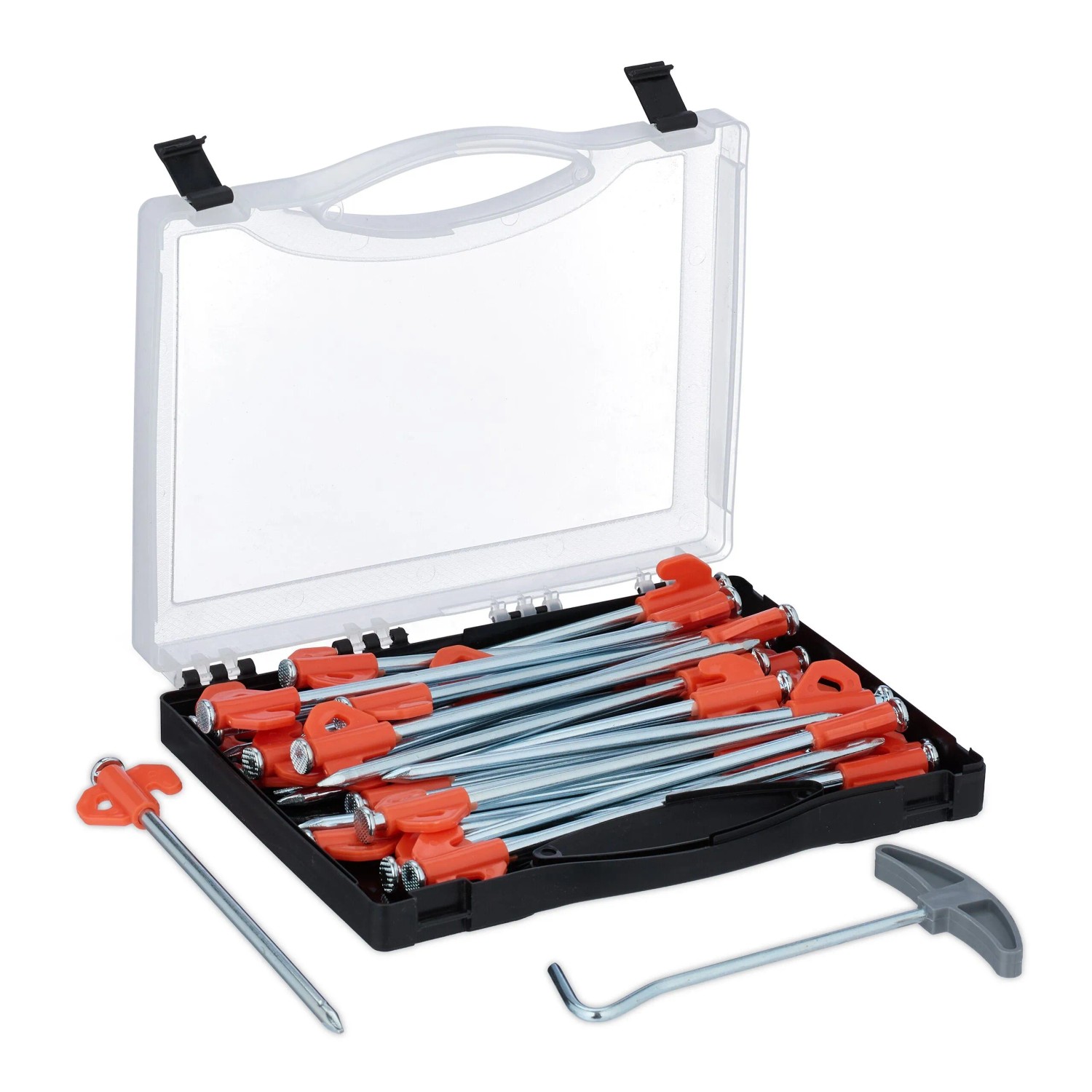Relaxdays Felsbodenhering 30er Set Stahl Silber mit Heringzieher und Box 20,5 cm x 4 cm x 1 cm