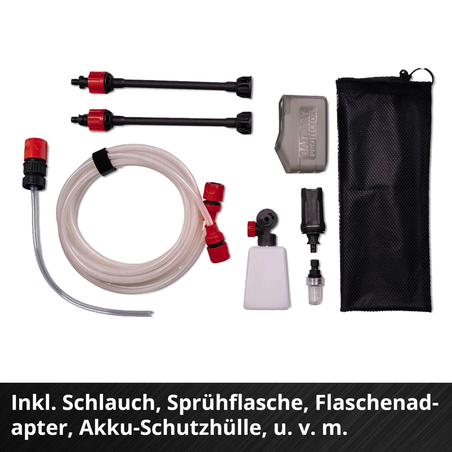 Zubehörset für Einhell Akku-Druckreiniger: Schlauch, Sprühflasche, Flaschenadapter, Akku-Schutzhülle, Lanzen, Netzbeutel.