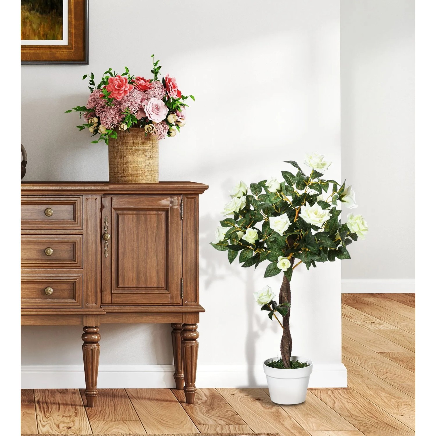 Outsunny künstliche Rose, weiß, 90 cm hoch, im weißen Topf. Ideal als Hausbaum für Innenräume.