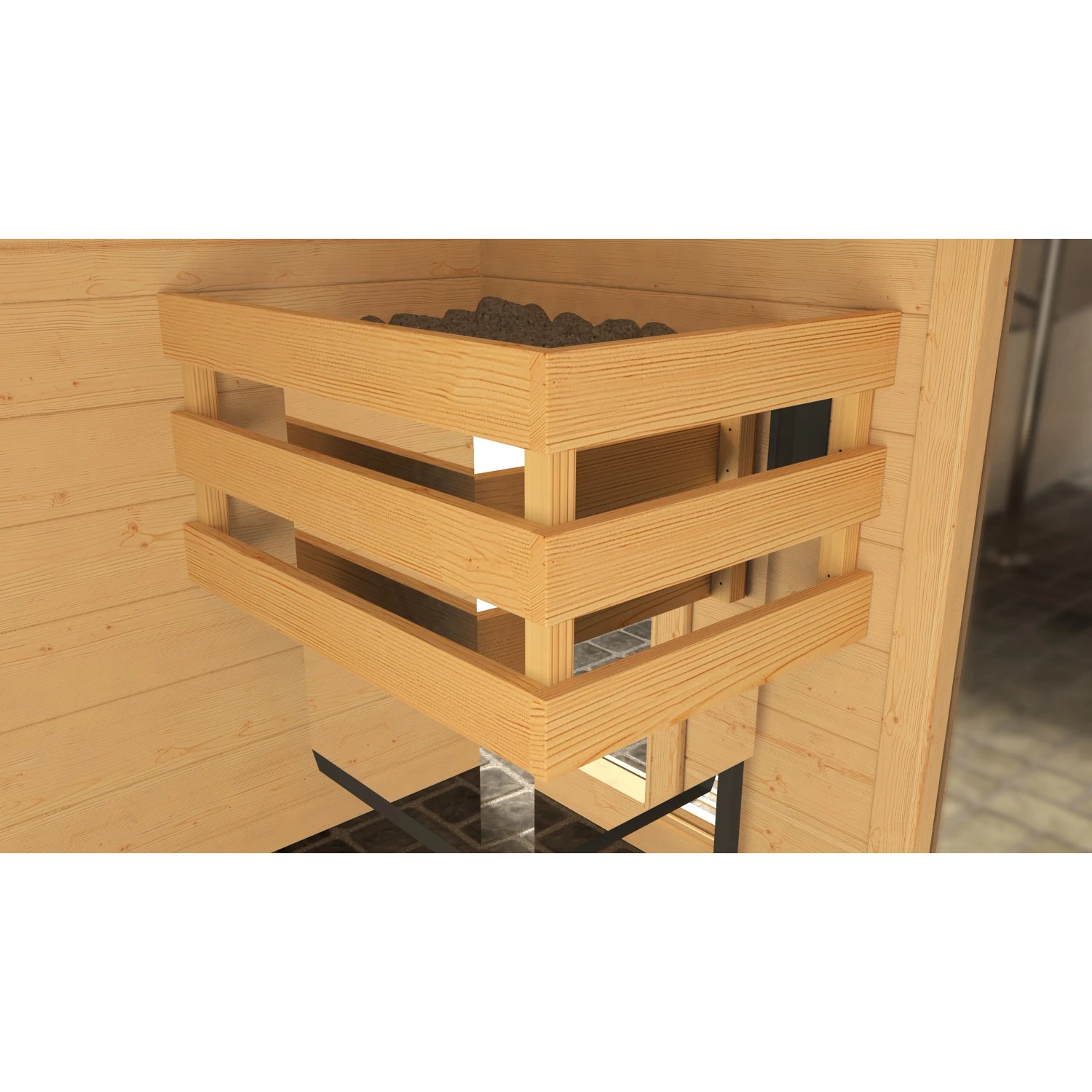 Detailaufnahme Saunaofen mit Steinen der Weka Massivholzsauna Valida Eck 1.8 Sparset