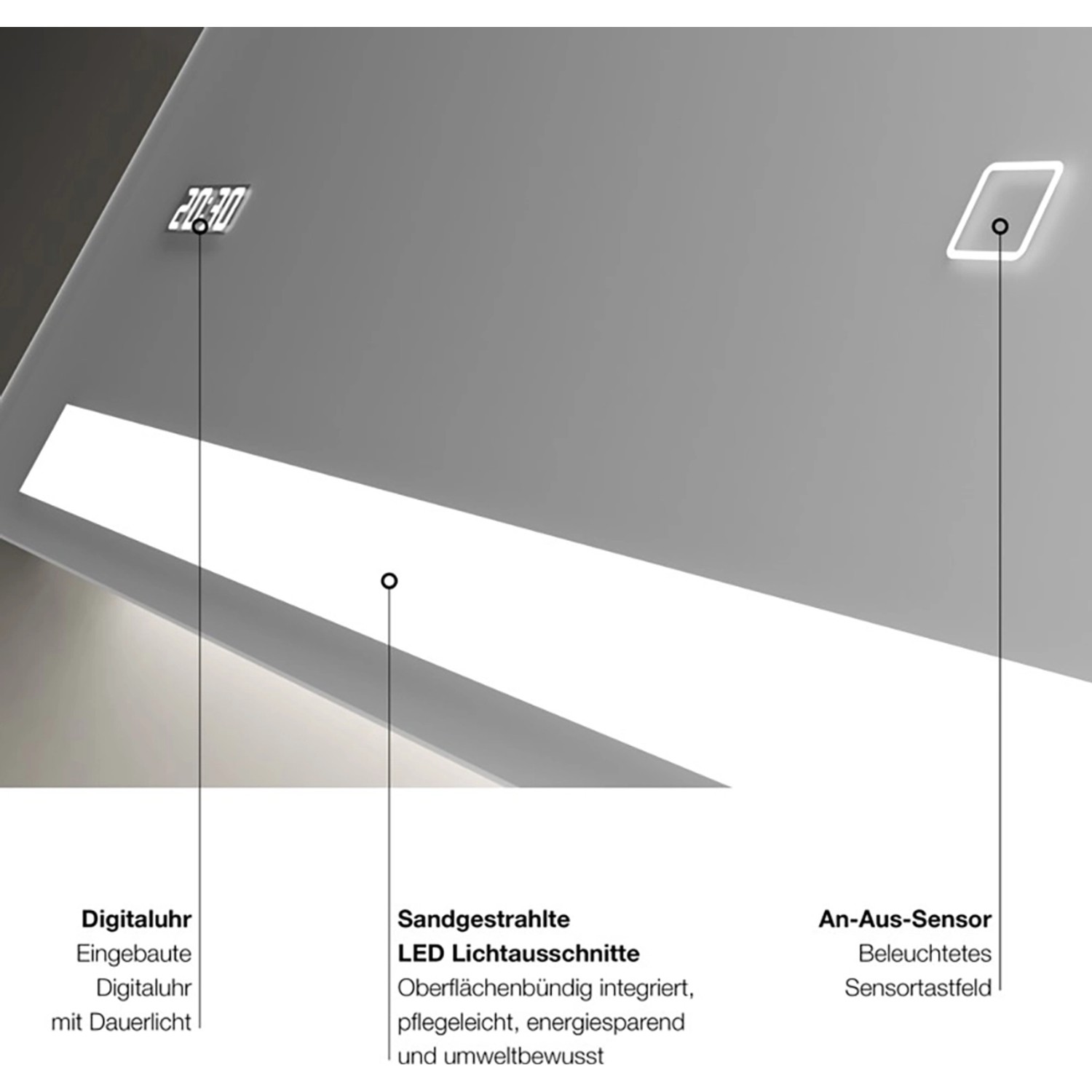 Detailaufnahme: DSK Design LED-Lichtspiegel Silver Conde 80x60 mit Digitaluhr und Touchsensor.