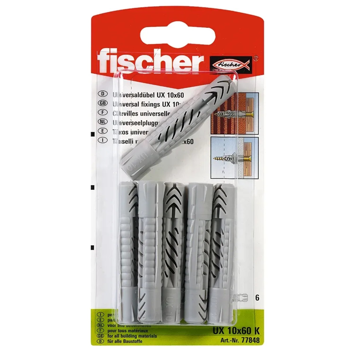 Fischer Universaldübel UX 10x60 K, 6 Stück, geeignet für Voll-, Loch- und Plattenbaustoffe.