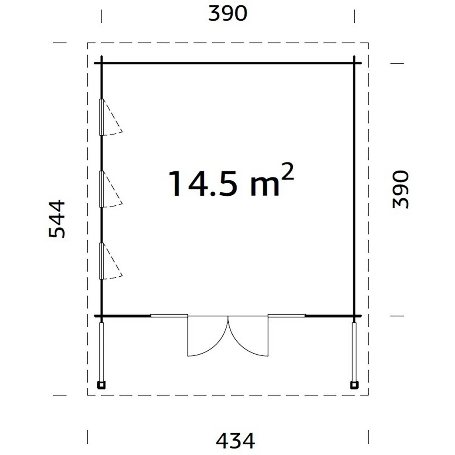 Grundriss Palmako Caroline Holz-Gartenhaus: 434x390 cm, 14,5 m² Fläche, Flachdach, unbehandelt.