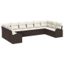 Braunes 10-teiliges vidaXL Garten-Sofa-Set aus Poly Rattan mit cremefarbenen Kissen.