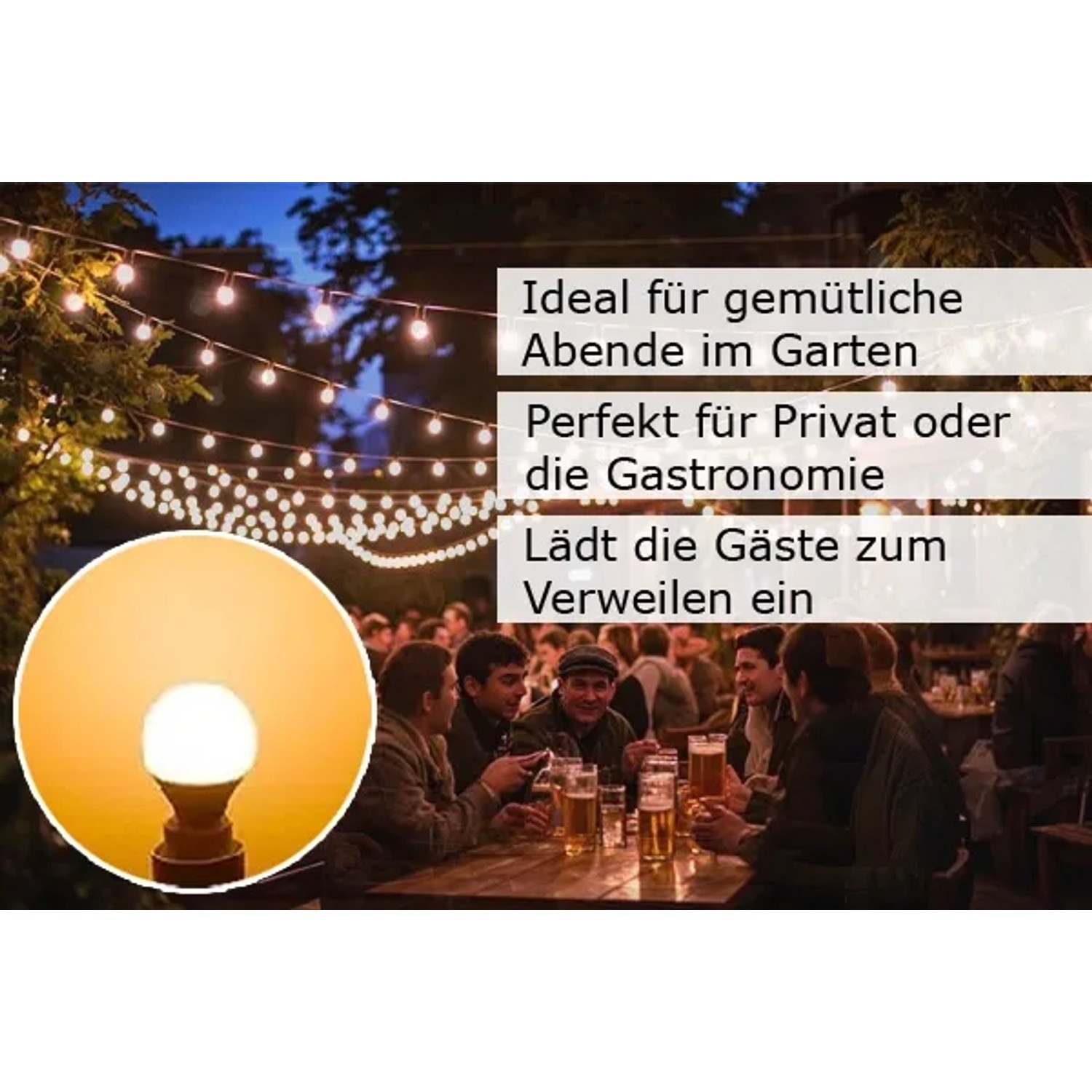Satisfire Partylichterkette 30m mit LED Kugellampen in Weiß, ideal für Biergärten und Außenbereiche.