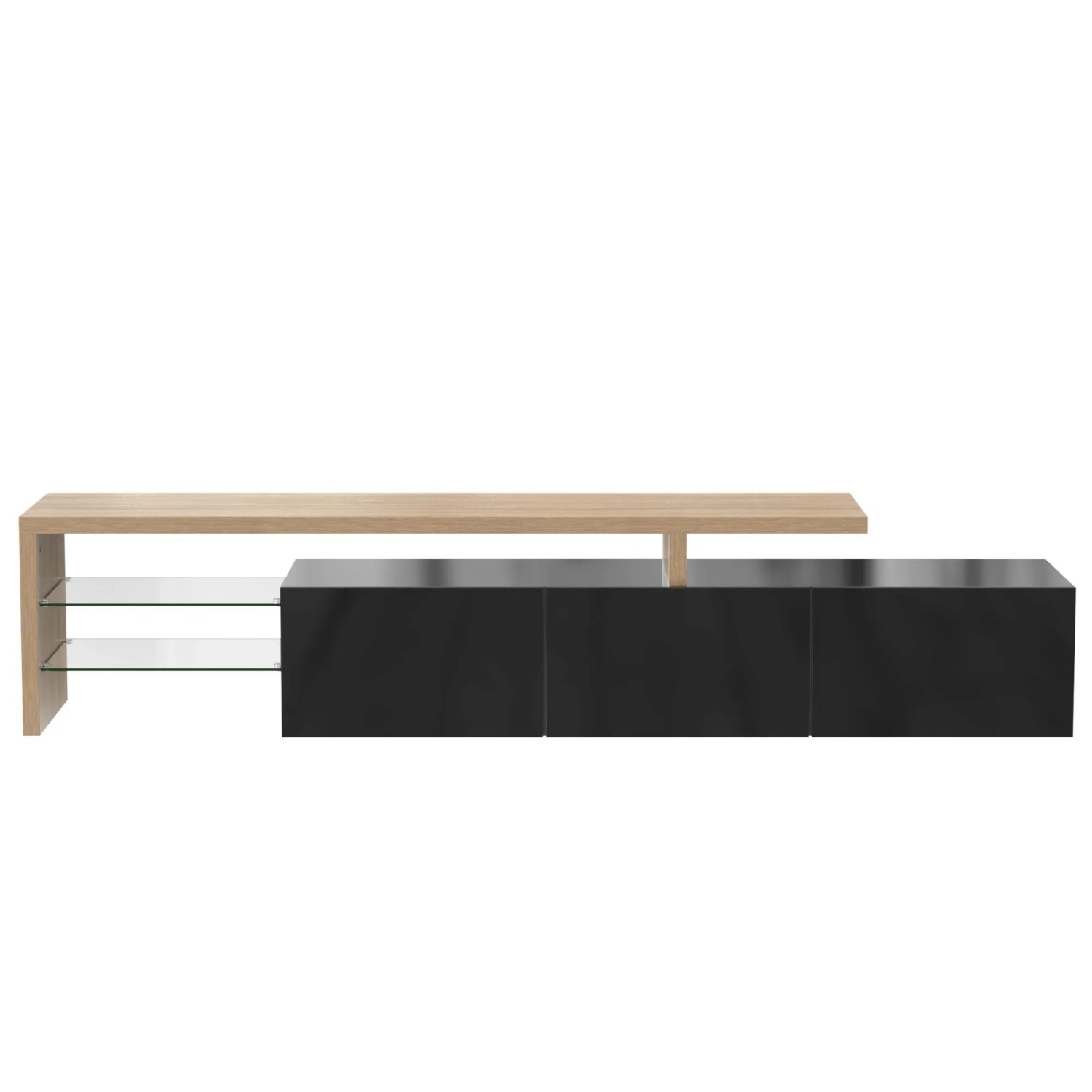 ModernLuxe TV Lowboard Modern mit 3 Türen 2 Nischen Led MDF Glas Eiche Schwarz