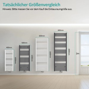 Größenvergleich von Emke Badheizkörper Handtuchwärmer in Anthrazit und Weiß, verschiedene Größen.