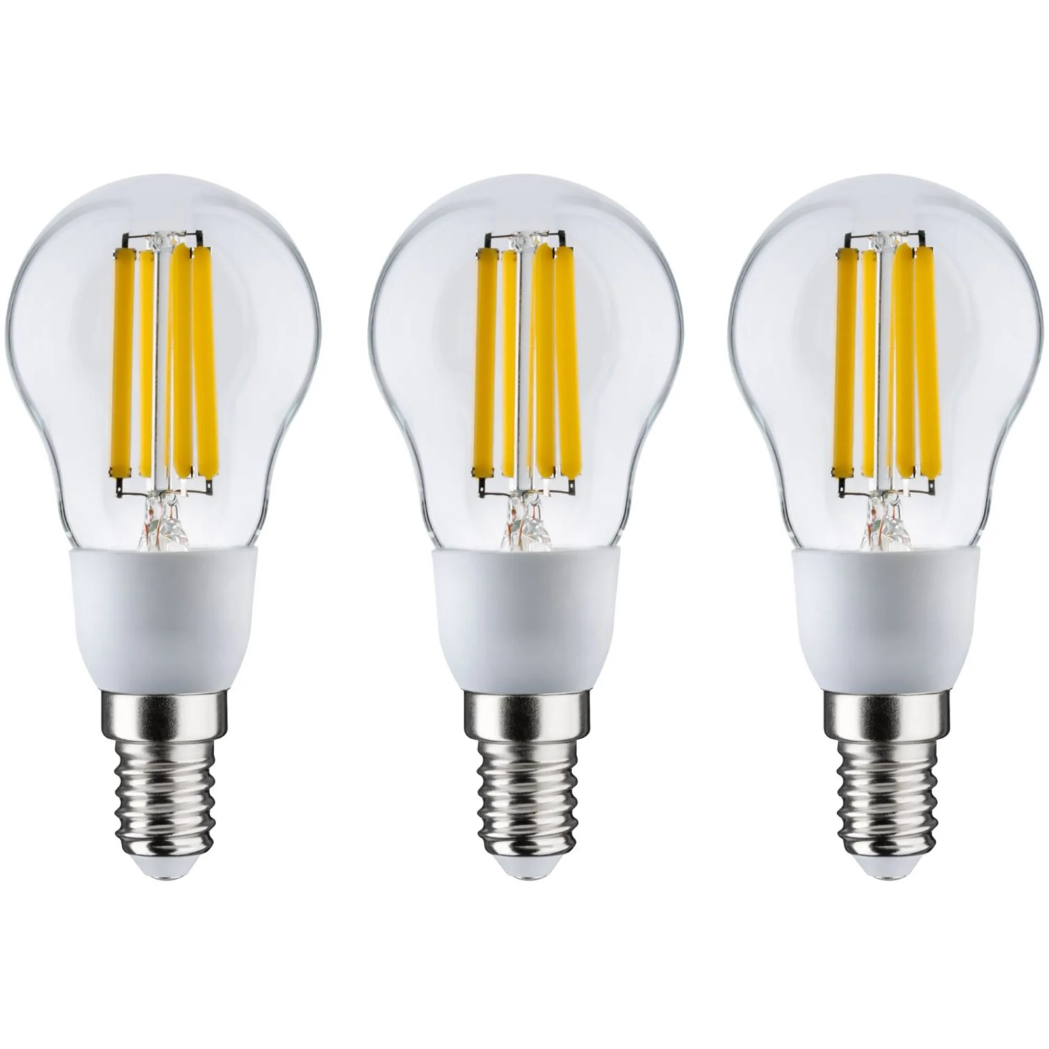 Drei Paulmann E14 LED Leuchtmittel in Tropfenform, 2,5W, warmweißes Licht.