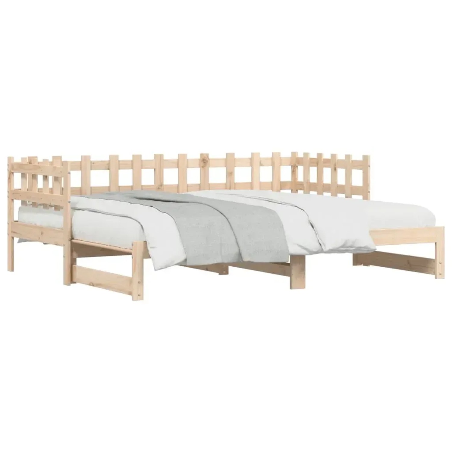 Ausziehbares Tagesbett aus Kiefernholz, 90x200 cm, mit Lattenrost und Zaun-Design am Kopf- und Fußteil.