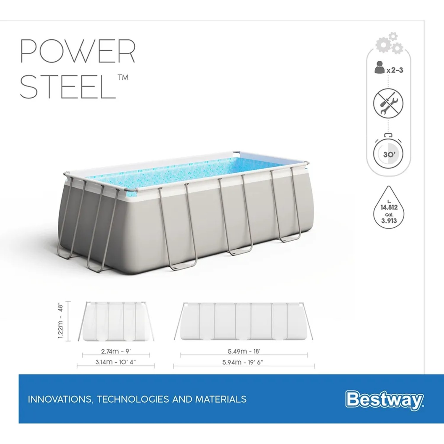 Bestway Stahlrahmenpool-Set Power Steel, rechteckig, 549x274x122 cm. Aufstellpool mit Stahlrahmen.