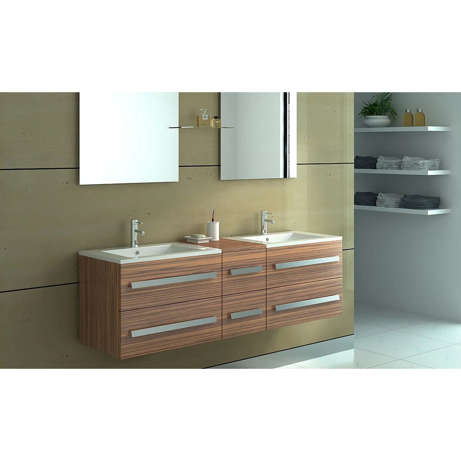 Badmöbel-Set Zürich II 150 cm in Zebra-/Holzoptik Dunkel mit zwei Spiegeln.