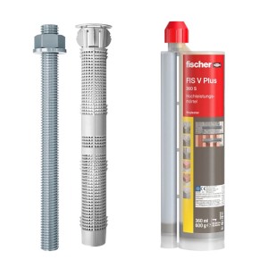 Fischer Montageset für 2-schaliges Mauerwerk mit Gewindestange, Siebhülse und Mörtel.