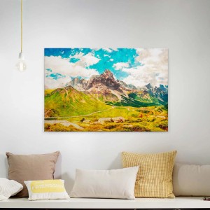 Buntes Wandbild mit Alpen Berglandschaft auf Leinwand für Wohnzimmer und Esszimmer.