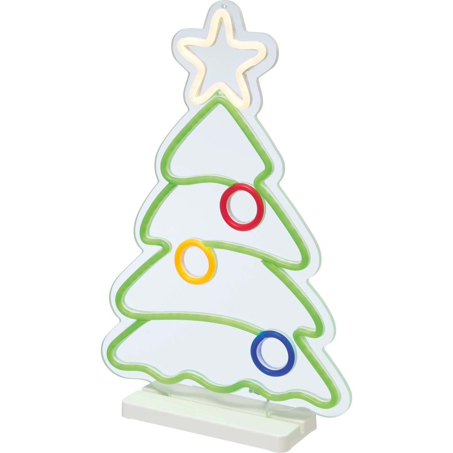 LED-Neonlicht Weihnachtsbaum, 29,5x42cm, Multicolor, 238 LEDs, auf weißem Sockel.