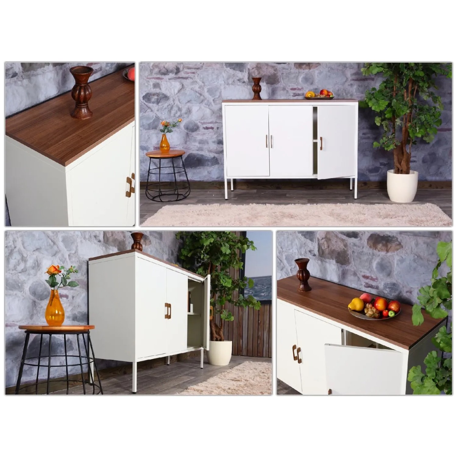 Weiße MCW Kommode L84-3 mit Holzplatte, 3 Türen und Metallgriffen. Schubladenkommode für Wohnzimmer.