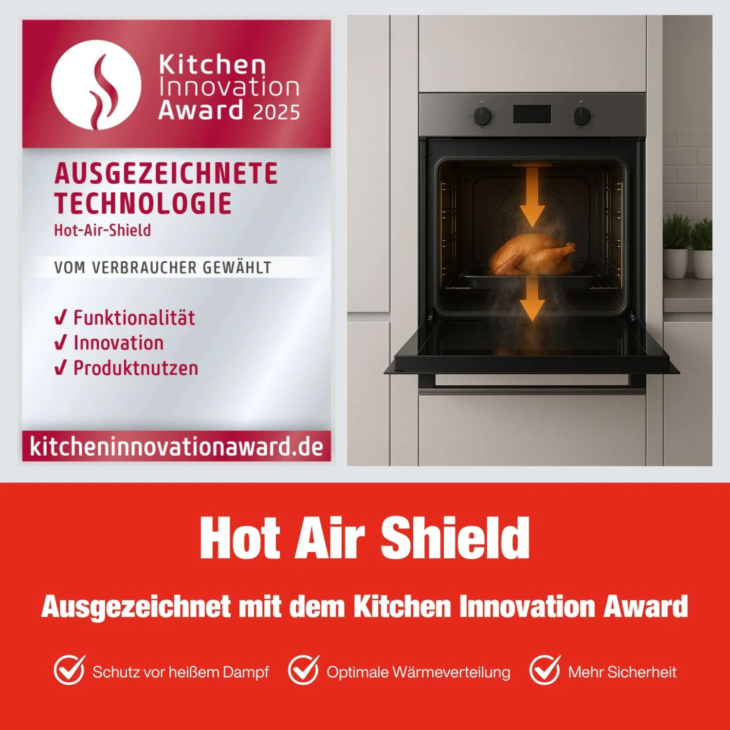 Telefunken Einbaubackofen (schwarz) mit Hähnchen im Ofen und Kitchen Innovation Award Logo.