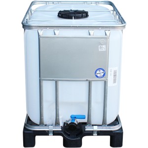 IBC Tank 600 l auf Kunststoffpalette, ideal für Regenwasser. Mit Stahlrohrrahmen und Auslaufhahn.