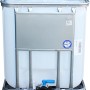 IBC Tank 600 l auf Kunststoffpalette, ideal für Regenwasser. Mit Stahlrohrrahmen und Auslaufhahn.