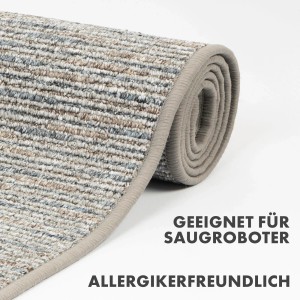 Gerollter, silbergrauer Teppich „Geneva“ nach Maß mit melierter Textur und Umrandung.